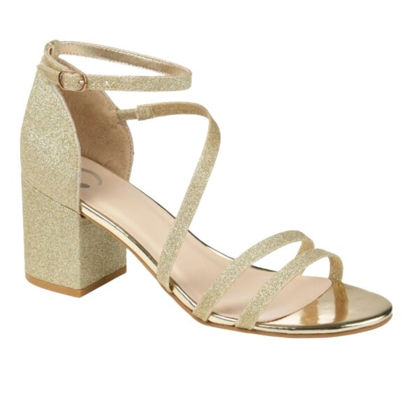 Journee Bella Gold Glitter Open Toe Block Heel Dress Sandals Women's 8.5 - Picture 1 of 10